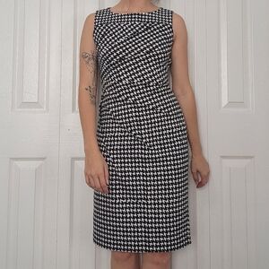 Calvin Klein Black and White Houndstooth Midi Sheath Dress